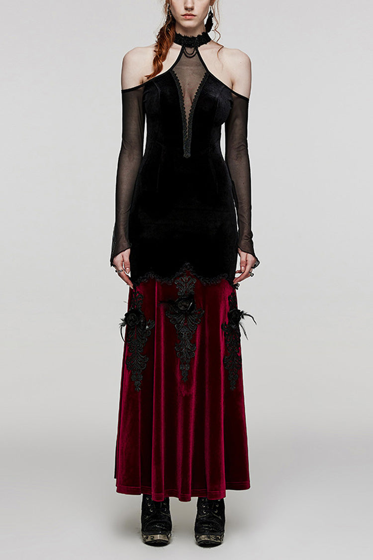 V Collar Off Shoulder Hollow Stitching Mesh Women's Gothic Dress 2 Colors - Black/Red - 1