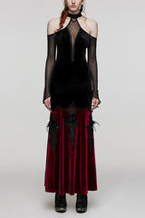 V Collar Off Shoulder Hollow Stitching Mesh Women's Gothic Dress 2 Colors - Black/Red - 1