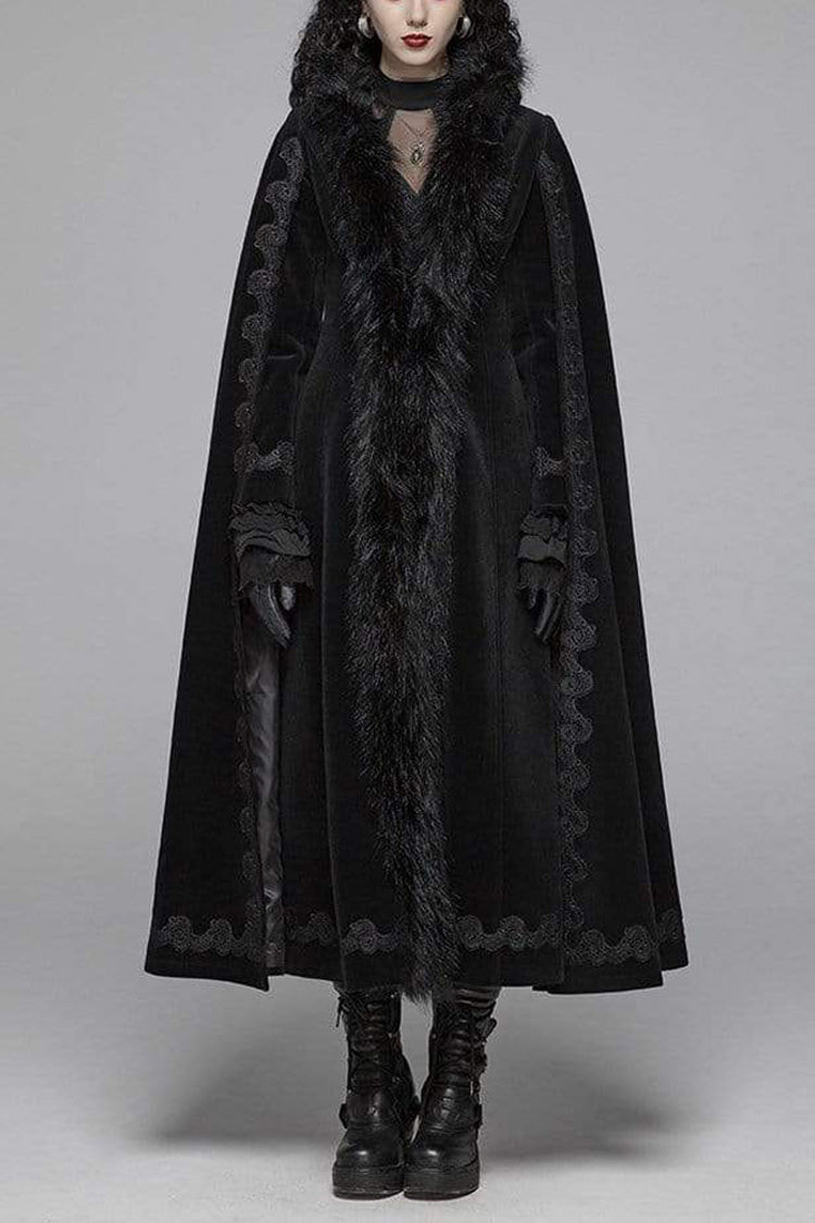 Black Fur Collar Slit Cloak Shape Sleeve Back Waist Lace Up Imitation Cashmere Long Women's Gothic Coat - Black - 1