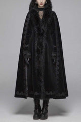 Black Fur Collar Slit Cloak Shape Sleeve Back Waist Lace Up Imitation Cashmere Long Women's Gothic Coat - Black - 1