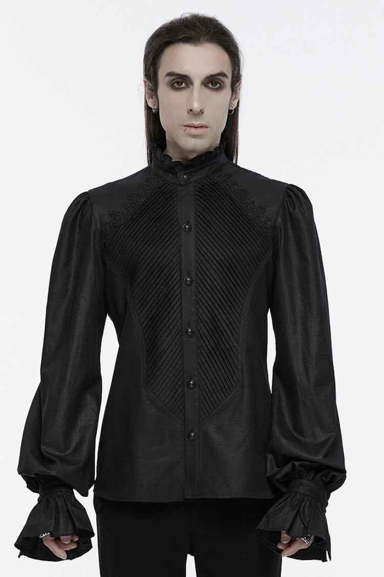 Black Long Puff Sleeves Lace Men's Gothic Blouse - Black - 1
