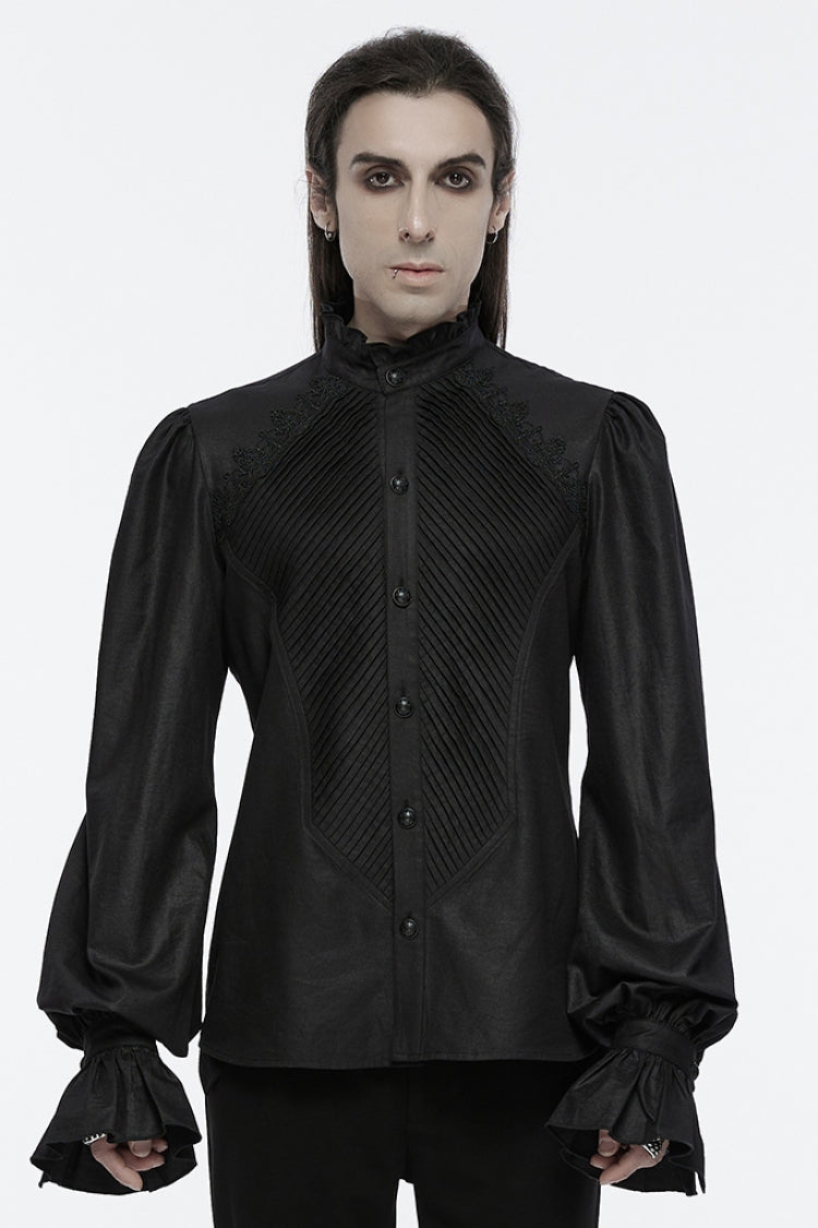 Black Long Puff Sleeves Lace Men's Gothic Blouse - Black - 1