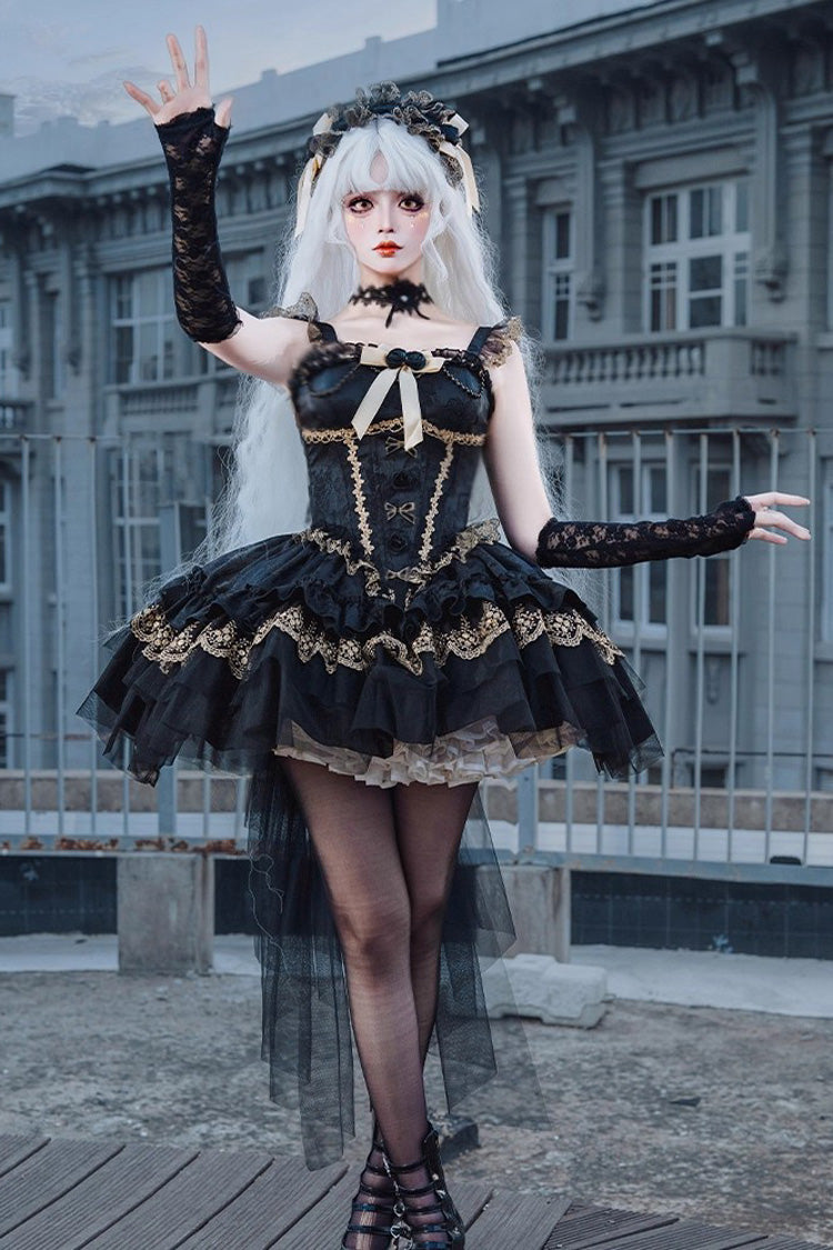 Black [Fleeting Light and Shallow Dream] Sleeveless Multi-Layered Ruffle Bowknot Lace Slim Gothic Ballet Lolita Jsk Dress - Product - 3
