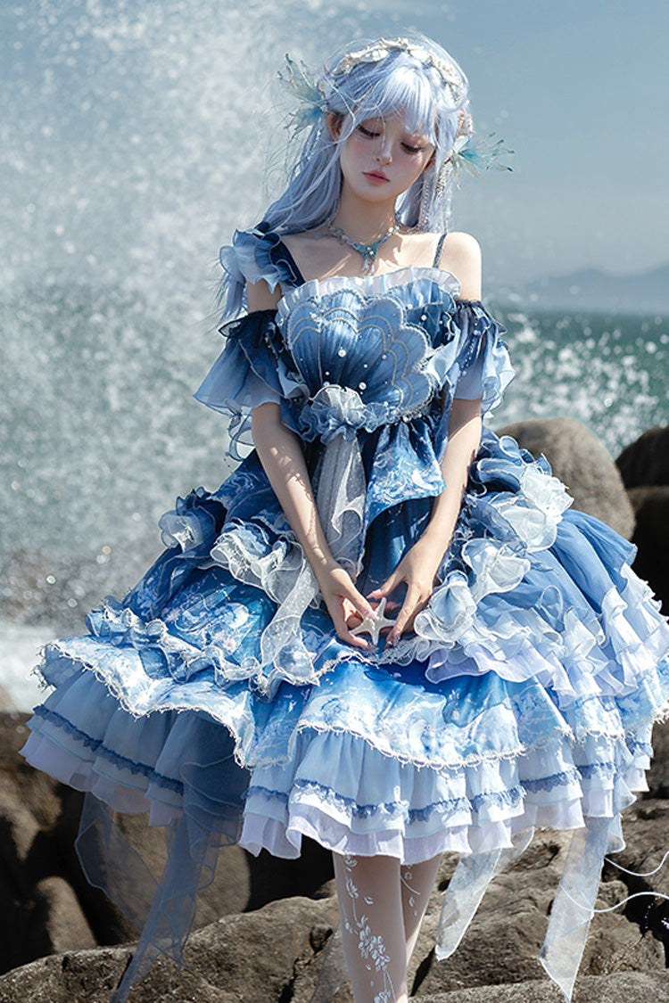 Blue [Jellyfish] Gradient Print Ruffle Embroidery Bowknot Lace Asymmetric Sweet Elegant Lolita Jsk Dress - Product - 8