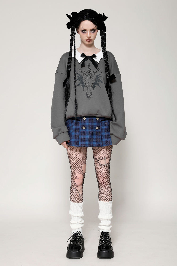 Grey Bowknot Peter Pan Collar Long Sleeves Bat Women's College Style Sweatshirt - Product - 9