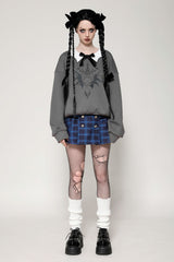 Grey Bowknot Peter Pan Collar Long Sleeves Bat Women's College Style Sweatshirt - Product - 9