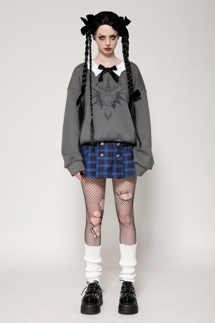 Grey Bowknot Peter Pan Collar Long Sleeves Bat Women's College Style Sweatshirt - Product - 9