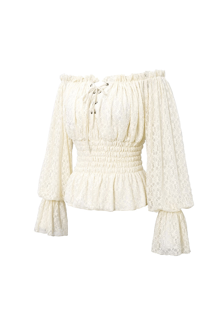 White Off Shoulder Long Sleeves Ruffle Lace Women's Gothic Blouse - Product - 5