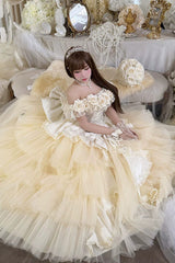Apricot [Heart’s Beloved Rose] Sleeveless Ruffled Hanayome Bow Lace Lace-Up Sweet Lolita Jsk long Dress - Product - 12
