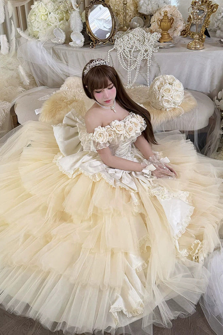 Apricot [Heart’s Beloved Rose] Sleeveless Ruffled Hanayome Bow Lace Lace-Up Sweet Lolita Jsk long Dress - Product - 12