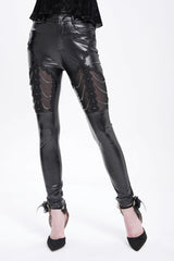 Black Chain Faux Leather Stitching Lace Women's Gothic Pants - Black - 1
