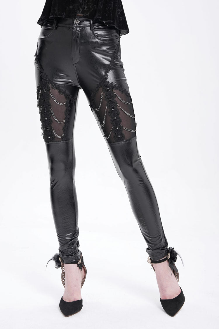 Black Chain Faux Leather Stitching Lace Women's Gothic Pants - Black - 1