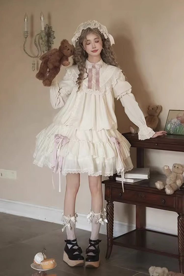 Ivory [Glass Flower Room] Short Sleeves Triple-Layered Ruffled Rose Embroidered Bow Cotilla Sweet Lolita Dress Set - Product - 3