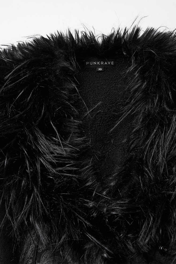 Black Plush Lapel Collar Long Sleeves Buckle Straps Women's Gothic Coat - Product - 5