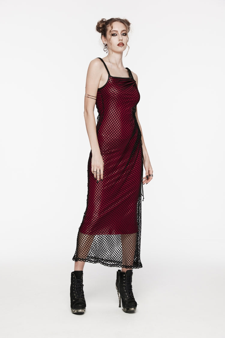 Red Off Shoulder Spliced Slim Mesh Strappy Eyelet Women's Gothic Jsk Dress - Product - 6