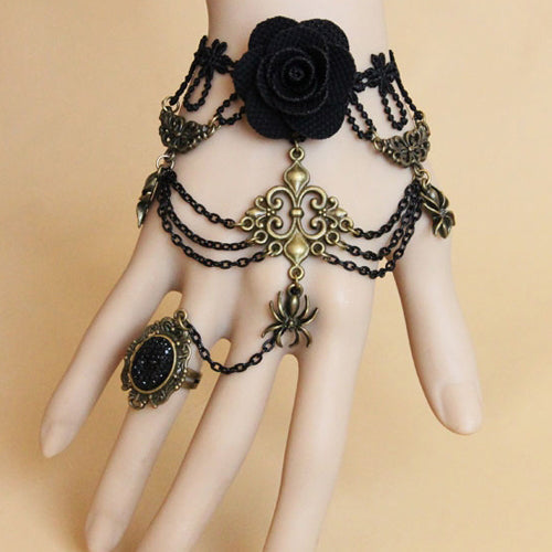Black Retro Rose Flower Spider Lace Gemstone Female Punk Lolita Ring Bracelet - Product - 1