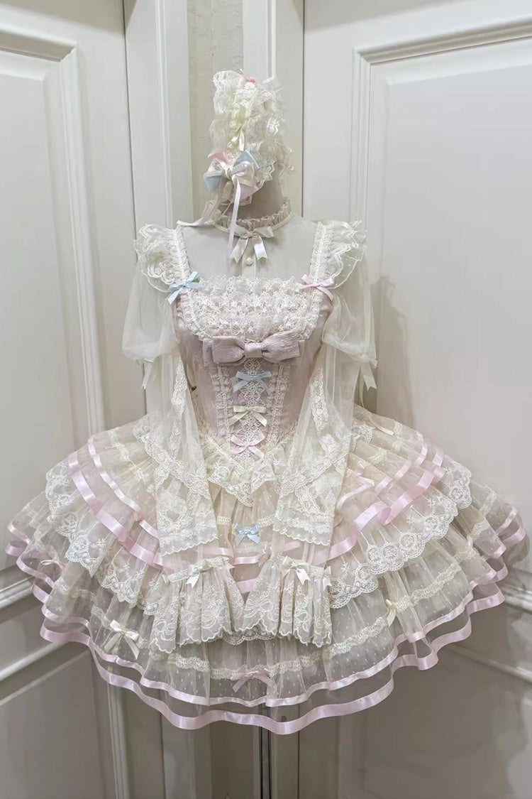 Pink [Butterfly Heart Ballet] Triple-Layered Ruffle Bowknot Lace Sweet Ballet Lolita Jsk Dress - Product - 3