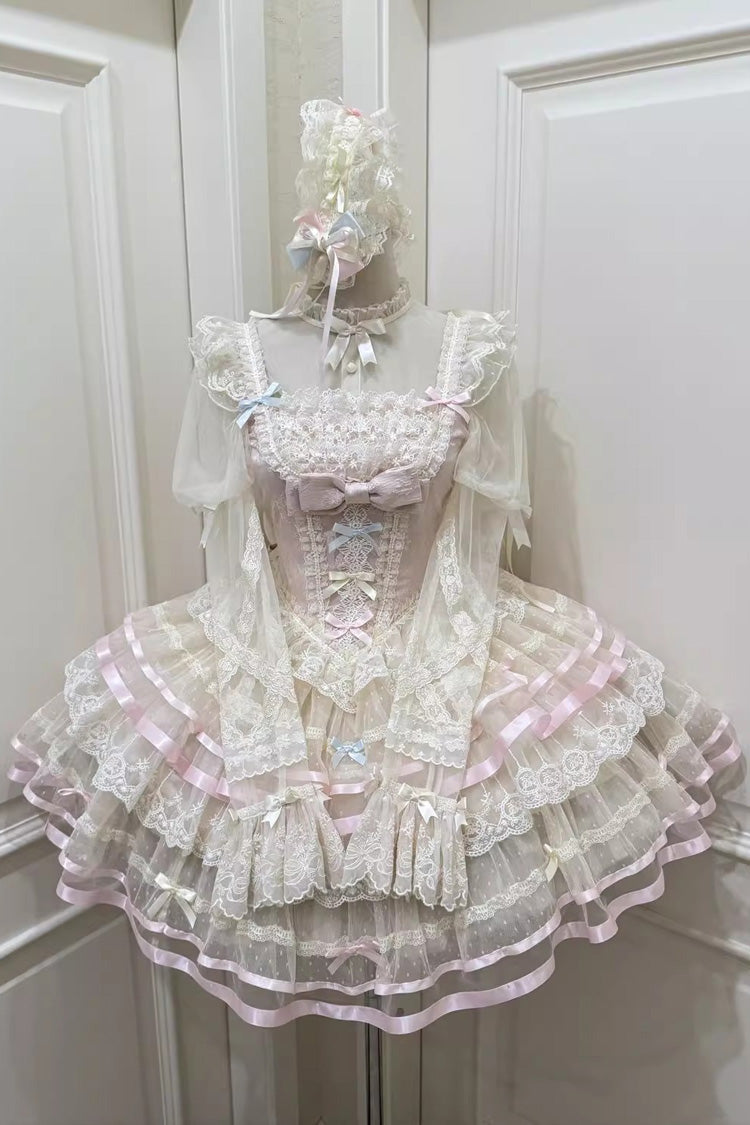 Pink [Butterfly Heart Ballet] Triple-Layered Ruffle Bowknot Lace Sweet Ballet Lolita Jsk Dress - Product - 3