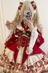 Red [New Year] Print Ruffle Bowknot Lace-Up Sweet Chinese Style Lolita Jsk Dress - Product - 4