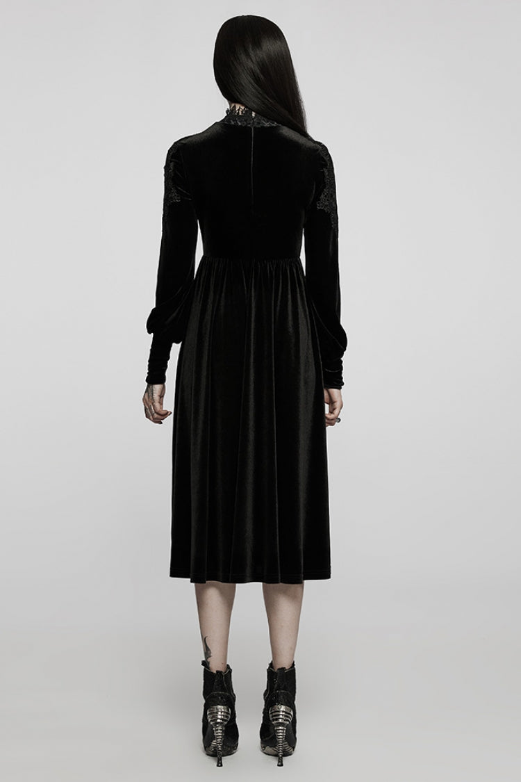 Black Long Sleeves Invisible Zipper High Waisted Hollow Stitching Women's Gothic Dress - Product - 3