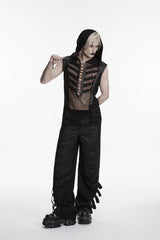 Black Spliced Lace-Up Slim Hooded Mesh Eyelet Men's Punk Cool Vest - Product - 9
