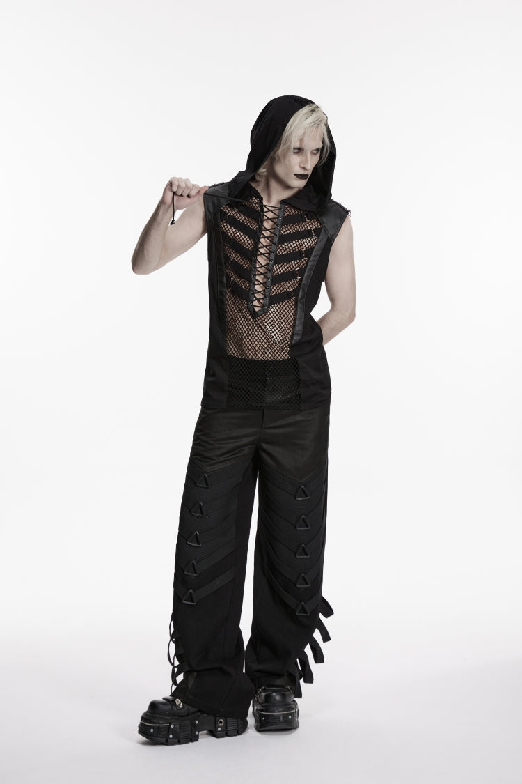 Black Spliced Lace-Up Slim Hooded Mesh Eyelet Men's Punk Cool Vest - Product - 9