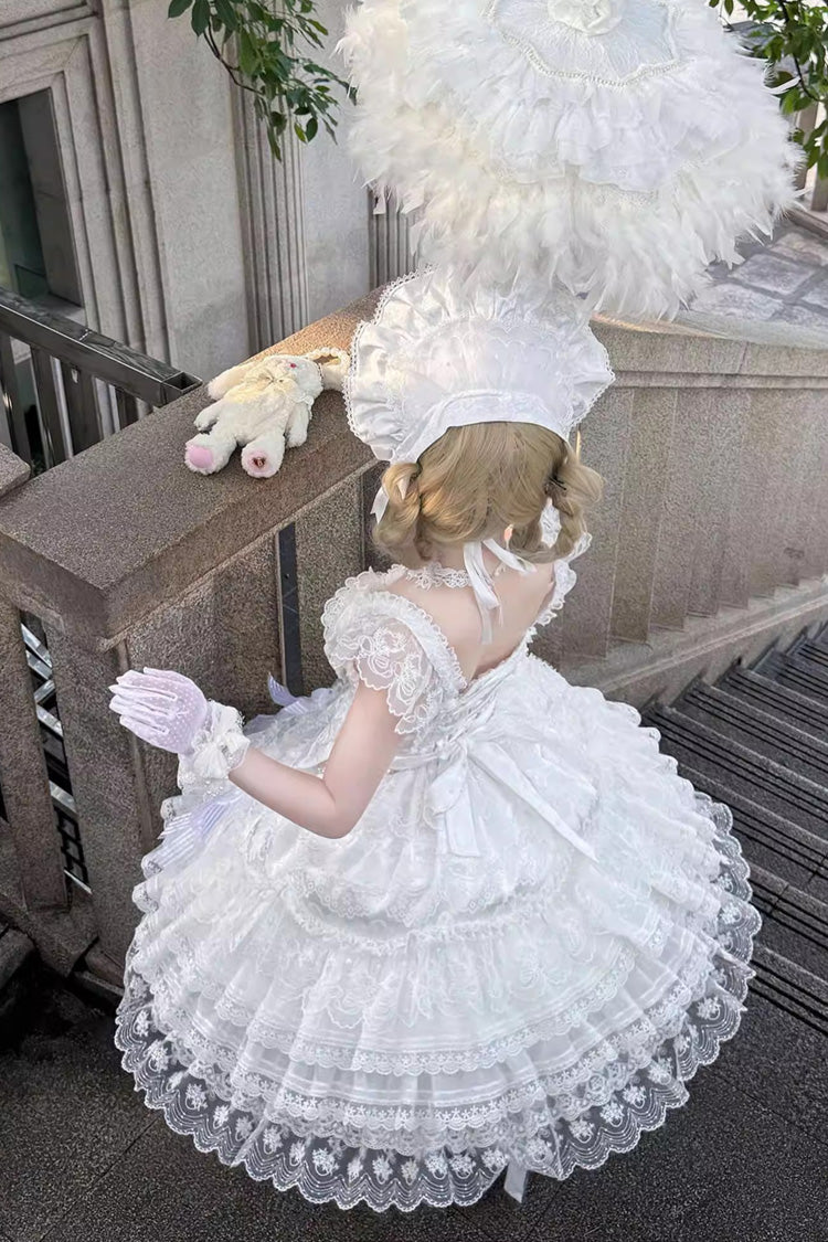 White [Moonlit Sakura Ode] Sleeveless Multi-Layered Ruffled Bow Lace Sweet Lolita Dress - Product - 4