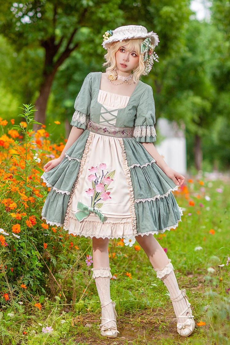 Tulip Print Embroidery Short Sleeves Multi-layer Sweet Elegant Lolita Jsk Dress 3 Colors - Light-Blue - 1