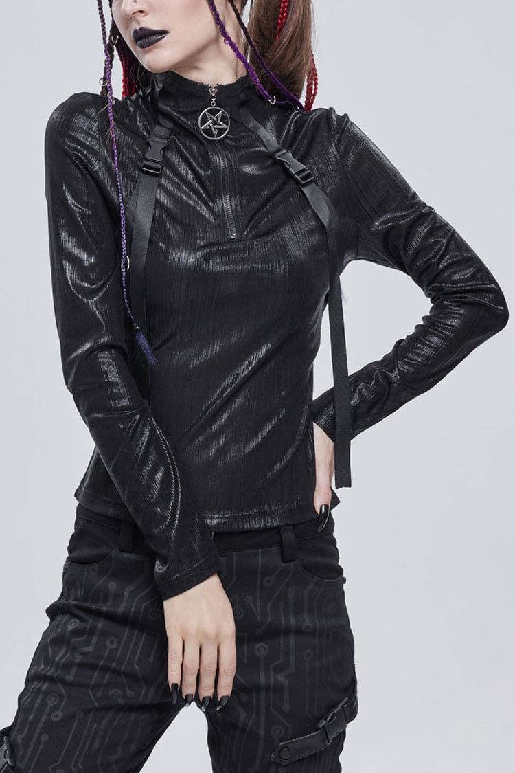 Black Punk Shimmery Stretch Fabric With Zipper Metal Pentagram Pendant Women's Shirt - Black - 1