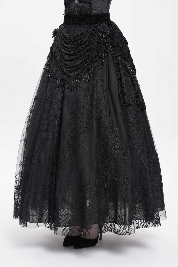 Black Floral Embroidered Beaded Women's Gothic Long Skirt - Product - 3