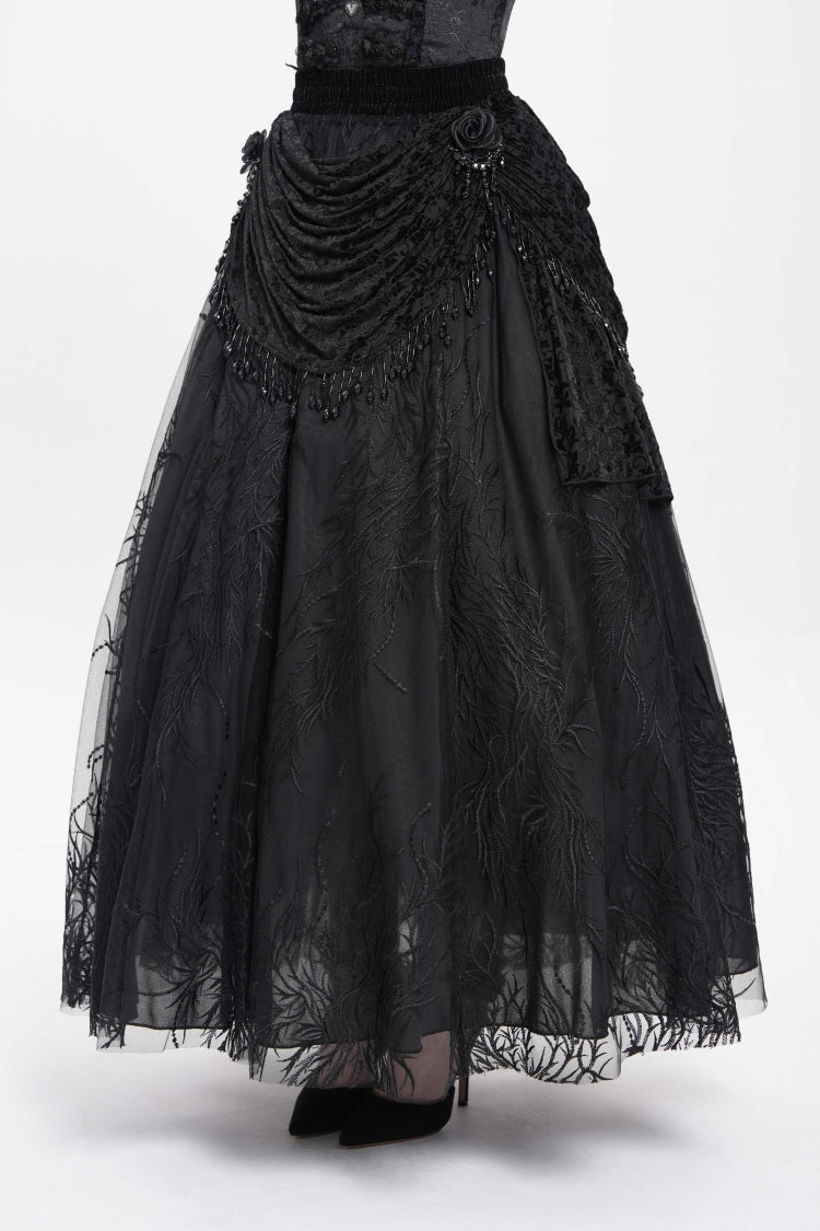 Black Floral Embroidered Beaded Women's Gothic Long Skirt - Product - 3