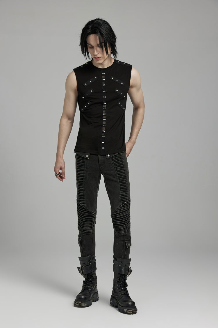 Black Spliced Slim Mesh Eyelet Men's Punk Vest - Product - 6