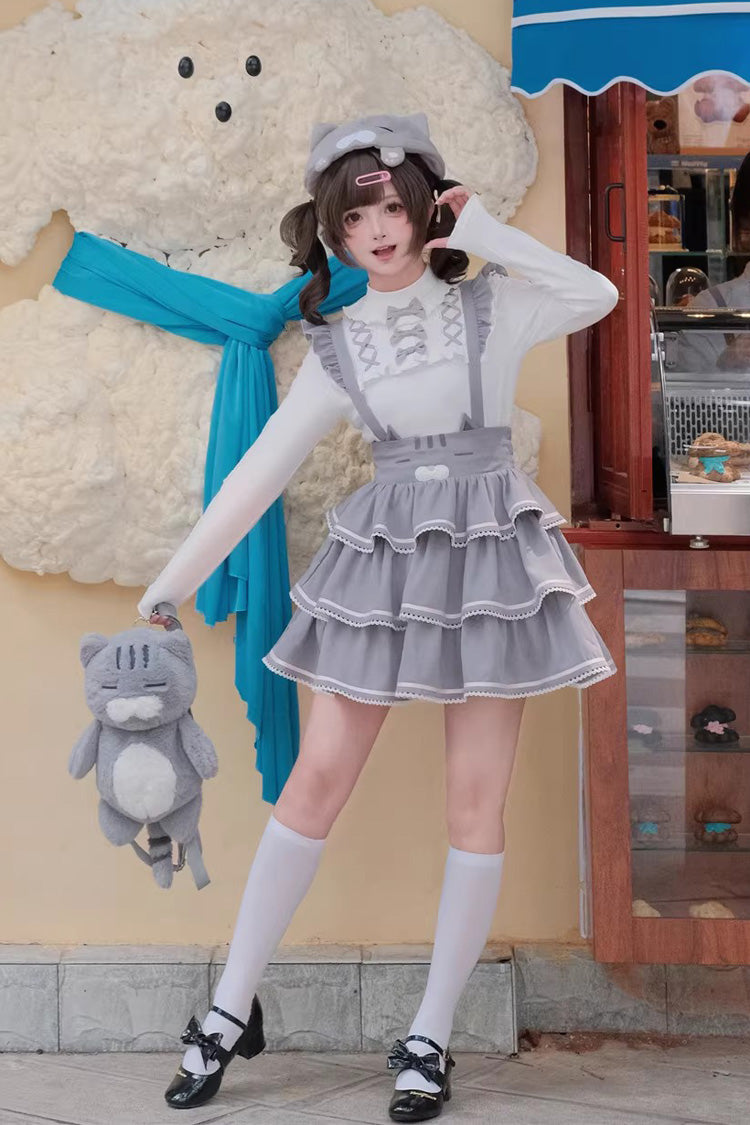 Grey [Gloomy Cat Series] Sleeveless Triple-Layered Ruffled Sweet Suspender Cake Strap Dress - Product - 9