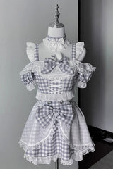 [Night Rabbit Dream] Short Sleeves Plaid Printed Ruffled Open-Front Bow Lace-Up Sweet Jirai Kei Japanese Skirt Set - Grey/White - 5