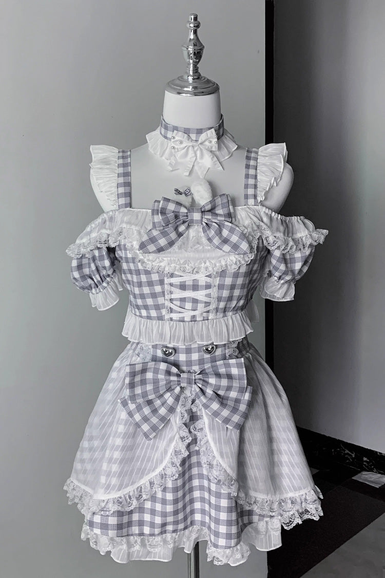 [Night Rabbit Dream] Short Sleeves Plaid Printed Ruffled Open-Front Bow Lace-Up Sweet Jirai Kei Japanese Skirt Set - Grey/White - 5