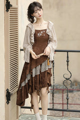 Brown [Dune Traveler] Printed Ruffled Spliced Asymmetric Punk Vintage Lolita Jsk Dress Set - Product - 5