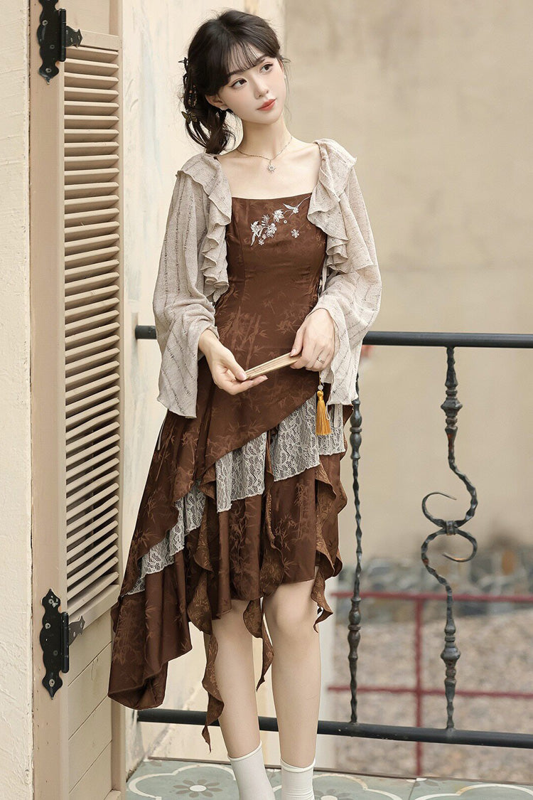Brown [Dune Traveler] Printed Ruffled Spliced Asymmetric Punk Vintage Lolita Jsk Dress Set - Product - 5