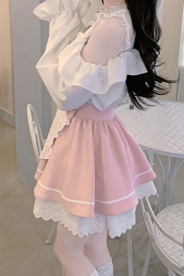 White/Pink Off Shoulder Long Sleeves Ruffle Bowknot Lace Sweet Jirai Kei Skirt - Product - 9