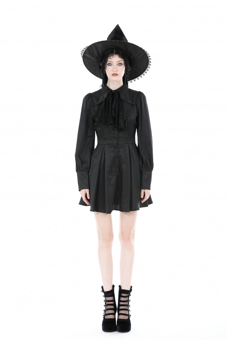 Black Turn-down Collar Long Lantern Sleeves Women's Gothic Dress with Necktie - Product - 5