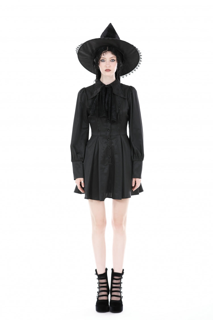 Black Turn-down Collar Long Lantern Sleeves Women's Gothic Dress with Necktie - Product - 5