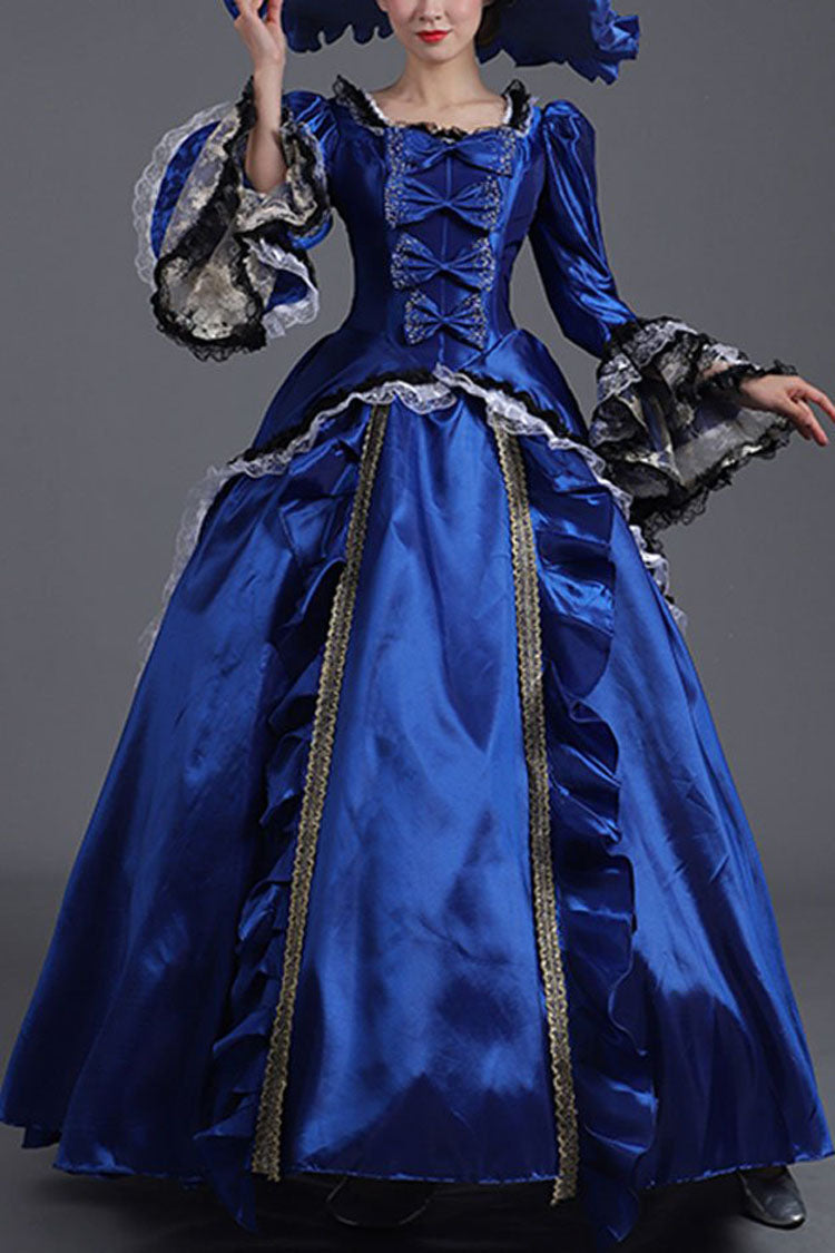 Court Style High Waisted Long Sleeves Trumpet Sleeves Bowknot Victorian Lolita Prom Dress - blue - 3