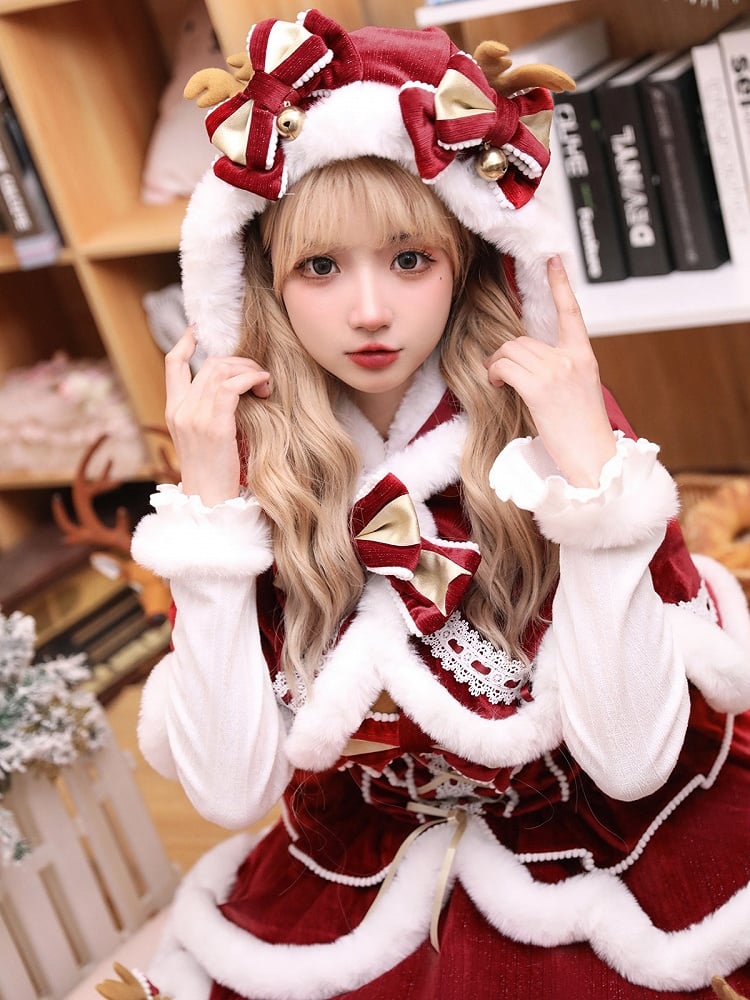 Red & White Christmas Lolita Full Set - JSK, Top & Cape detail view 8