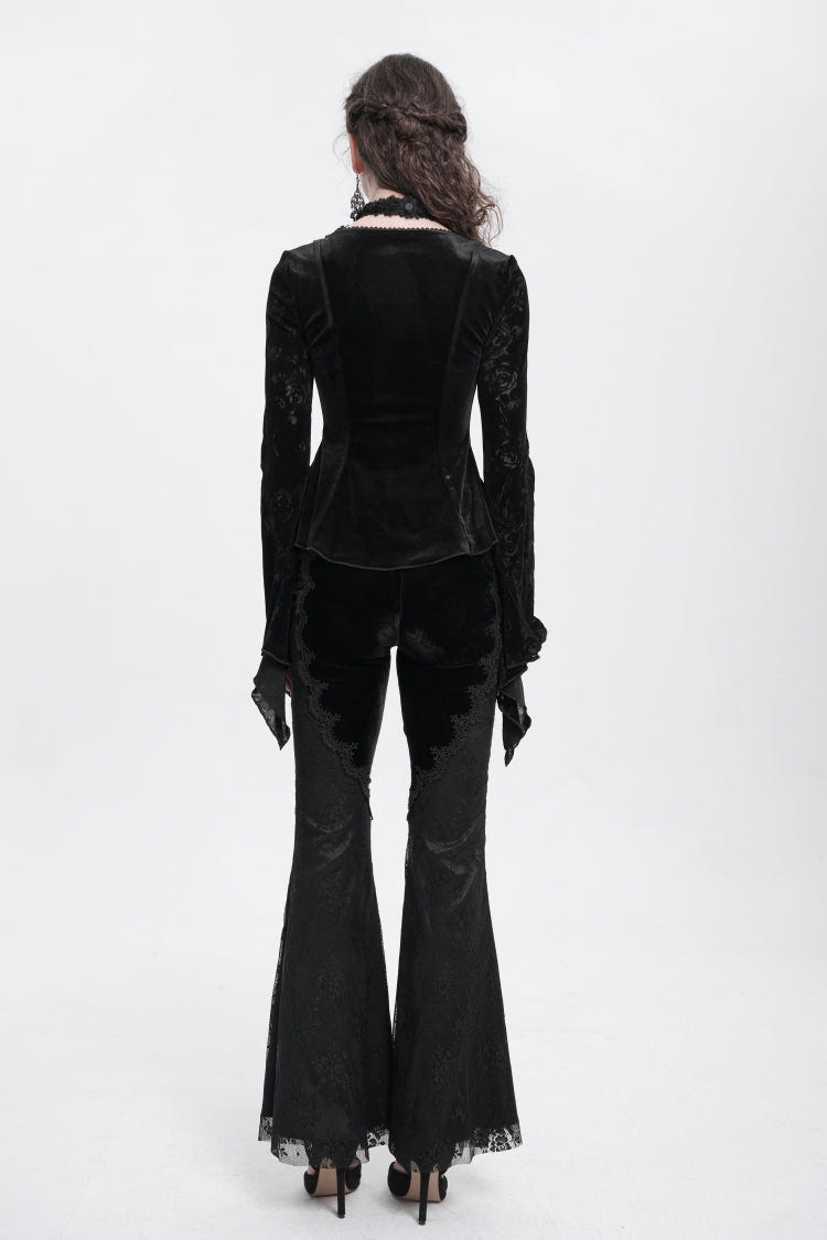 Black Halterneck Long Trumpet Sleeves Jacquard Embroidery Women's Gothic Blouse - Product - 13