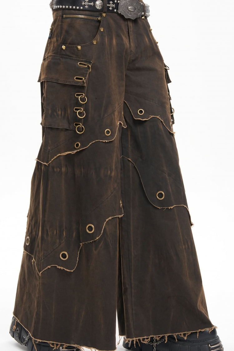 Coffee Eyelet Men's Gothic Pants Pocket Trousers - Product - 11