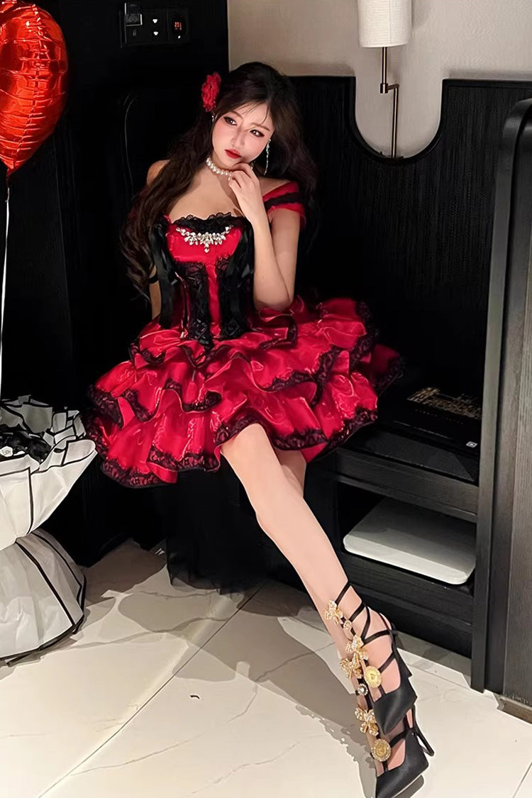Red [Love Poems of the Heart] Sleeveless Triple-Layered Ruffled Lace Lace-Up Sweet Lolita Jsk Dress - Product - 4