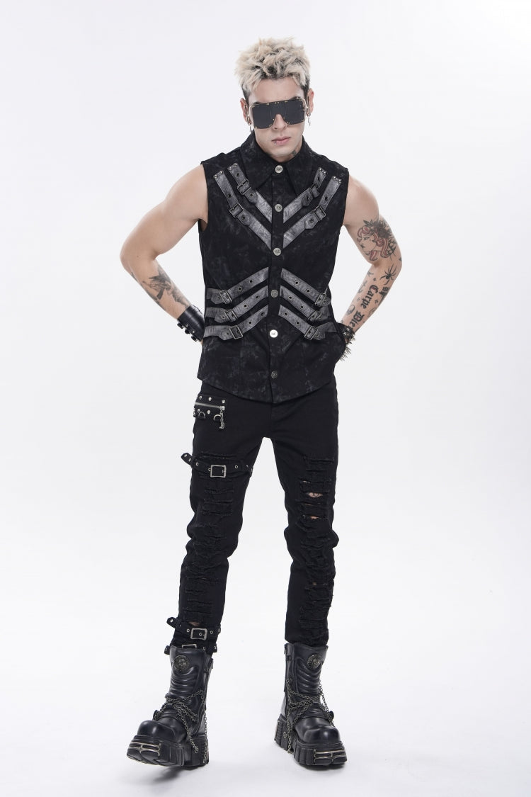 Black Lapel Collar Sleeveless Multi-Layered Printed Tie-dyed Buckled Men's Punk Shirt - Product - 7