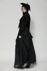 Black Ruffled Turtleneck Bishop Long Sleeves Floral Lace Patchwork Velvet Women's Gothic Blouse - Product - 11