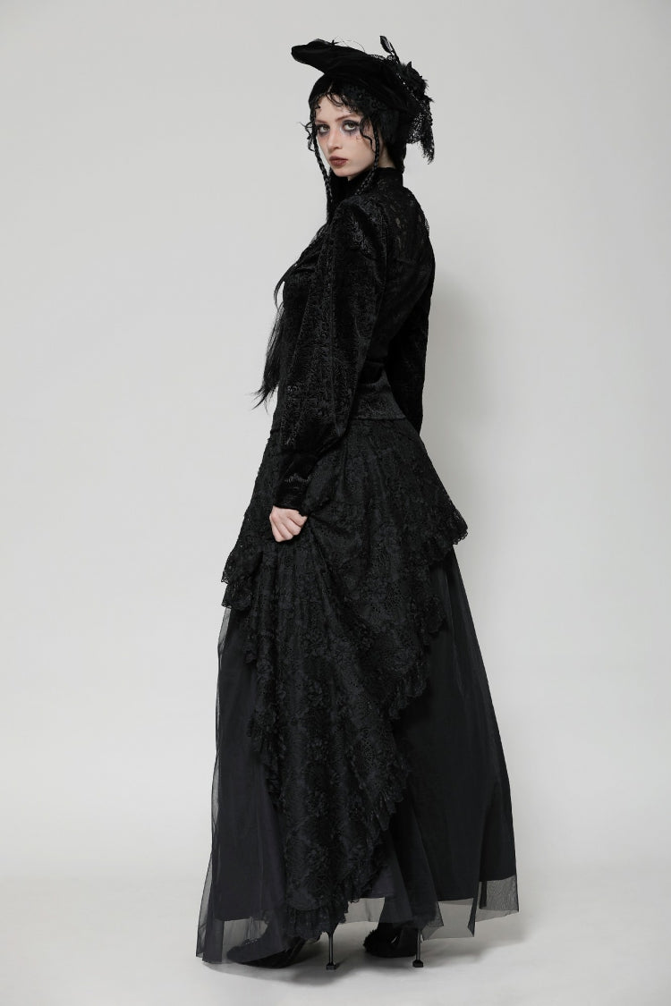 Black Ruffled Turtleneck Bishop Long Sleeves Floral Lace Patchwork Velvet Women's Gothic Blouse - Product - 11