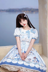 Blue [Penguin Navy] Short Sleeves Print Ruffle Bowknot Sweet Princess Lolita Dress - Product - 5