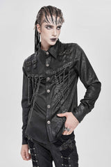 Black Lapel Collar Long Sleeves Buckled Strappy Chain-Decorated Men's Punk Shirt - Product - 3